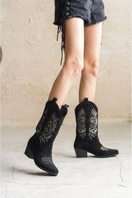 Resim GOFFSHOES Kadın Meloni Kovboy Çizme - Siyah Süet 
