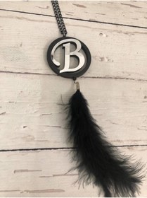 Resim Stoneda ''b''harfi Araç Dikiz Ayna Süsü 6cm Çağında Tüylü Siyah (mdf) Ahşap Üzeri Gümüş Pleksi Harf 