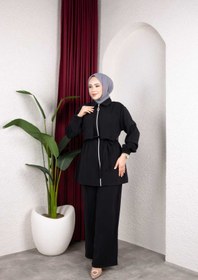 Resim Weak Blue Kadın Tesettür Takım Çift Kat Görünümlü Fermuarlı Tunik Bol Paça Pantolon Moda Kumaş İkili Takım 