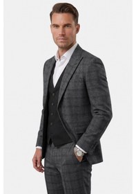 Resim Deepsea Erkek Antrasit Slim Fit Ekose 3 Lü Takım Elbise Siyah Yelekli Kare Desenli Takım 2601589 