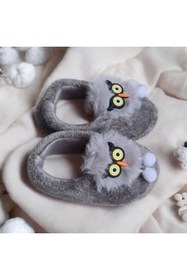 Resim Burcumay Erkek Çocuk Hayvan Figürlü Gri Panduf Kışlık Yumuşak Peluş Ev Kreş Ayakkabısı 