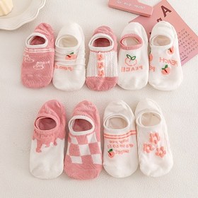 Resim Rastgele Beş Çift Rahat Nefes Alabilen Şık Çok Yönlü Pembe Elma Desenli Küçük Kareli Tekne Çorapları 