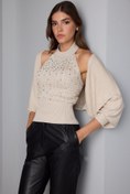 Resim Triko Crop Bej Hırka 