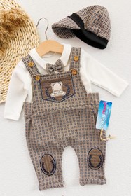 Resim Babymod Vintage Desenli Şapkalı Erkek Bebek Tulum Salopet Takım 