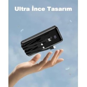 Resim Karokstore Robeve 10000 Mah Dijital Göstergeli Dahili Kablolu Powerbank 10000 Mah Powerbank Lightning - Type C - USB - Micro USB Dahili Kablolu Powerbank Bpb3 
