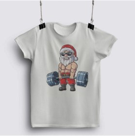 Resim Fizello Santa Weightlifting Fitness Gym Deadlift Xmas Men T-shirt, Kadın Tişört, Unisex Beyaz T-shirt 