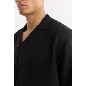 Resim AVVA Erkek Siyah Apaj Yaka %100 Keten Kısa Kol Oversize Fit Gömlek A51Y2209 
