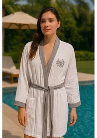 Resim Baskılı Müslin Kimono Bornoz Unisex %100 Pamuk Yumuşacık 2 Katlı Doğal Kumaş - Ztmbb10 Gri 