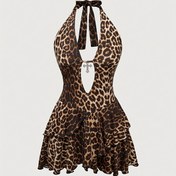 Resim Sevimli Leopar Desenli Halter Boyunlu Mini Elbise - Sırt Bağcıklı, Esnek Spagetti Askılı Fırfır Etek Detaylı Parti Elbisesi, Kadınlar İçin Yıl Boyu Kullanım, Şık ve Rahat Tasarım, Nefes Alabilen Kumaş, Akşam Giyimi 