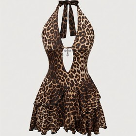 Resim Sevimli Leopar Desenli Halter Boyunlu Mini Elbise - Sırt Bağcıklı, Esnek Spagetti Askılı Fırfır Etek Detaylı Parti Elbisesi, Kadınlar İçin Yıl Boyu Kullanım, Şık ve Rahat Tasarım, Nefes Alabilen Kumaş, Akşam Giyimi 