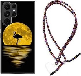 Resim kilifland Samsung Galaxy S22 Ultra ile Uyumlu Kılıf Rasta Ipli Boyun Askılı Desenli Silikon Ay Ve Flamingo 1775 
