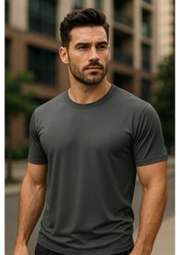 Resim Erkek %100 Pamuk Slim Fit Sporcu Tişört Basic Bisiklet Yaka Kısa Kollu T-shirt Gri 