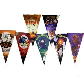 Resim Lüks Baskılı Üçgen Model Halloween Banner Süs Bayrak 8 Li 