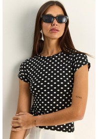 Resim Shade Kadın Bisiklet Yaka Puantiyeli Kısa Kollu Likralı Crop T-shirt 6137 60286127 - Siyah-beyaz Siyah - Beyaz 