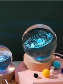 Resim 3d Güneş Sistemi Kristal Led Gece Lambası Usb'li Ahşap Standlı Led Masa - Gece Lambası Rgb Led 