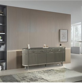 Resim Maya Antrasit Gümüş Lüks Konsol 4 Kapaklı Şerit Detaylı Metal Ayaklı Tasarım 180x45x84 Cm Antrasit - Gümüş 