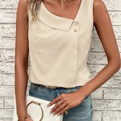 Resim Kadınlar İçin Şık Asimetrik Kolsuz Tank Top - Düz Renk Yazlık Günlük Şık Gömlek Sahte Düğme Detaylı, Makinede Yıkanabilir Hafif Esnemez Kumaş, Bayan Tank Üstler, Pürüzsüz Dokulu 