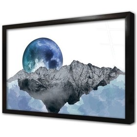 Resim Mavi Ay Ve Dağ Modern Manzara Çerçeveli Cam Tablo-173523 