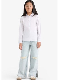 Resim Defacto Kız Çocuk Okula Dönüş Slim Fit Dar Kesim Bengalin Uzun Kollu Gömlek K9023a625auwt34 Beyaz 
