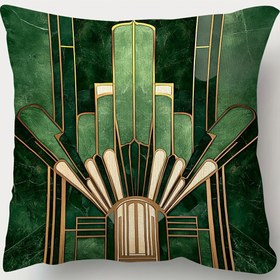 Resim Art Deco Çift Taraflı Peluş Yastık Kılıfı 45.72x45.72 cm - Yeşil ve Altın Geometrik Desenli Fermuarlı Polyester Koltuk Kılıfı, Geleneksel Tarz Oturma Odası & Yatak Odası Dekoru, Kolay Bakım Kumaşı 