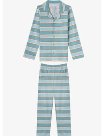 Resim Penti Mavi Erkek Çocuk Blue Stripe Uzun Kollu Düğmeli Pamuklu Gömlek Pijama Takımı 