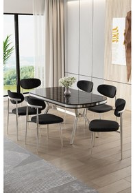 Resim Canisa Olya Serisi 90x168 Lak Panel Sonata Masa Takımı Krom Ayaklı 6 Siyah Sandalye Sonata Masa Siyah Sandalye 