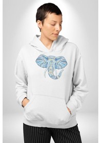 Resim Mandala Renkli Fil Kadın Erkek Beyaz Kapüşonlu Sweatshirt Hoodie Beyaz 