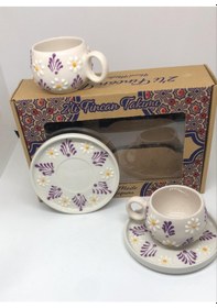 Resim Papatya Mor Renk Desenli El Yapımı 2'li Seramik Kahve Fincan Takımı Çok Renkli 