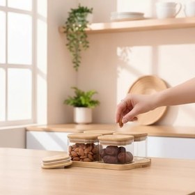 Resim Bambu Kapaklı Cam Kahvaltılık Seti | Ahşap Standlı | Şık Tezgah Üstü Baharat ve Kuruyemiş Düzenleyici Kavanoz (4'lü ve 6'lı Seçenek) (Bambu, 4'lü Set) 
