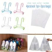 Resim 4 Parça Set: 1 Ayakkabı Rafı + 3 Depolama Çantası - Ev Organizasyonu için Uygun, Kurutma Çantalı Taşınabilir Plastik Askılık ile Asılabilen Ayakkabı Düzenleyici Kit 