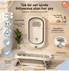 Resim Katlanabilir Termometreli Bebek Küveti, Kaymaz Banyo Yastığı - Yenidoğan Bebekler İçin Küvet 