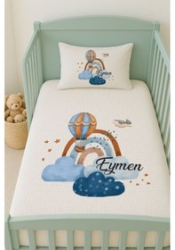 Resim %100 Pamuk İsme Özel İsimli 100x150 Cm Pike Seti Gökkuşağı Mavi Bulutlar Balon 
