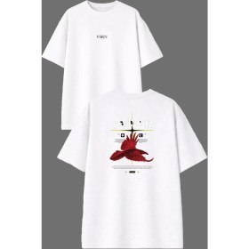 Resim Vsrn Kırmzı Karga Tasarım Ön Arka Baskılı Beyaz Oversize T Shirt 