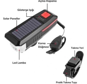 Resim Ozcmax Solar Enerjili USB ile Şarj Edilebilir Ledli Bisiklet Feneri Kornalı ve Su Geçirmez Far 