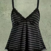 Resim Kadınlar için Şık Omuz Açık Çizgili Dantel Detaylı Camisole Üst - Siyah & Beyaz Kontrast Çizgiler, Nefes Alabilen Kumaş, Makinede Yıkanabilir İlkbahar Yaz Sonbahar Modası, Dantel Kumaş, Görünmez Malzeme 