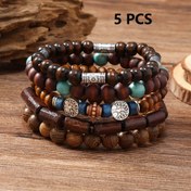 Resim 5'li Set Vintage Basit Moda Çok Katmanlı El Yapımı Ahşap Boncuklu Bilezik Erkekler/Kadınlar/Ciftler/Anne/Baba/Arkadaşlar için Dekoratif Aksesuar Hediye Takı Babalar Günü Anneler Günü Noel Doğum Günü 