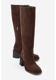 Resim Luvi Shoes Fros Kahverengi Süet Hakiki Deri Kadın Kalın Topuklu Çizme Kahverengi 