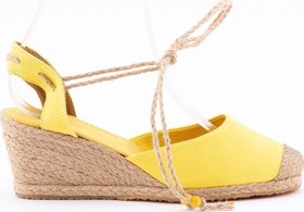 Resim Star Tombis Gerçek Elişi Bilekten Bağcıklı Topuğu Açık Dolgu Topuk Sarı Keten Hasır Espadril Handmade 
