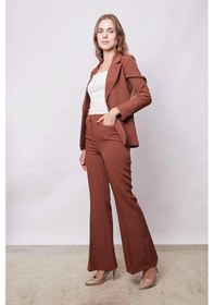Resim Kadın Yakalı Cep Kapaklı Tek Düğme Hafif Lirkalı Kumaş Blazer Ofis Ceket Pantolon Kodu Jument 40082 -taba Taba 