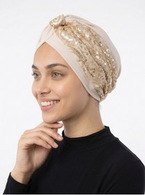 Resim elysianfidan Özel Tasarım Bej Etnik Motifli Astarlı Hazır Türban Tesettür Abiye Bone 