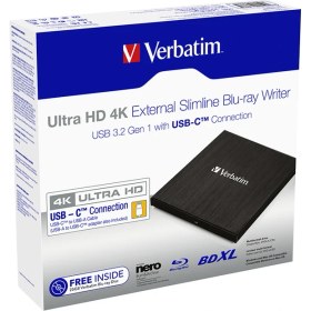 Resim Verbatim Slimline Ultra HD 4K USB 3.2 / Type-C BLU-RAY Harici Yazıcı 