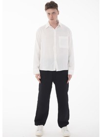 Resim R-6050 Ayaklı Yaka Tek Cep Detaylı Uzun Kol Modal Gömlek Ekru 