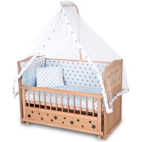 Resim Ahşap Beşik Anne Yanı Beşik Organik Boyasız 60x120 - Mavi Yıldız Tek Yastıklı Uyku Seti Yatak Ahşap 