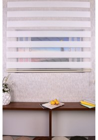 Resim Ekru Pliseli Etek Dilimsiz İp Plise Zebra Stor Güneşlik Perde 