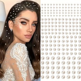 Resim 162 adet 3D Kendinden Yapışkanlı İnci Etiketleri, Karışık Boyutlar 3/4/5/6mm, Parlak Yuvarlak Plastik İnciler Saç ve Yüz Makyaj Dekorasyonu için 