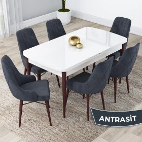 Resim Canisa Concept Lia Serisi, 80 x 132 cm Açılabilir Mutfak Masa Takımı, Beyaz Masa Ceviz Ayak 6 Sandalye 