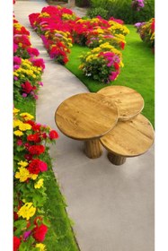 Resim Simillo Home&Living Wood Wooden Ahşap 3’lü Set Fitilli Mantar Yan Sehpa Modern Tütün Renk Fiskos 