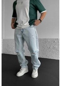 Resim Baggy Buz Mavisi Diz Yırtık Modelli Kot Pantolon-Erkek Açık mavi 