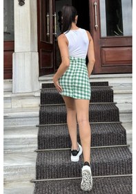 Resim WeShaya Yeşil Ekose Desen Yüksek Bel Mini Etek Benetton Yeşil 