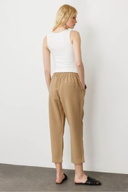 Resim Desen Triko Kadın Beli Lastikli Yan Cepli Havuç Kesim Keten Pantolon Camel 